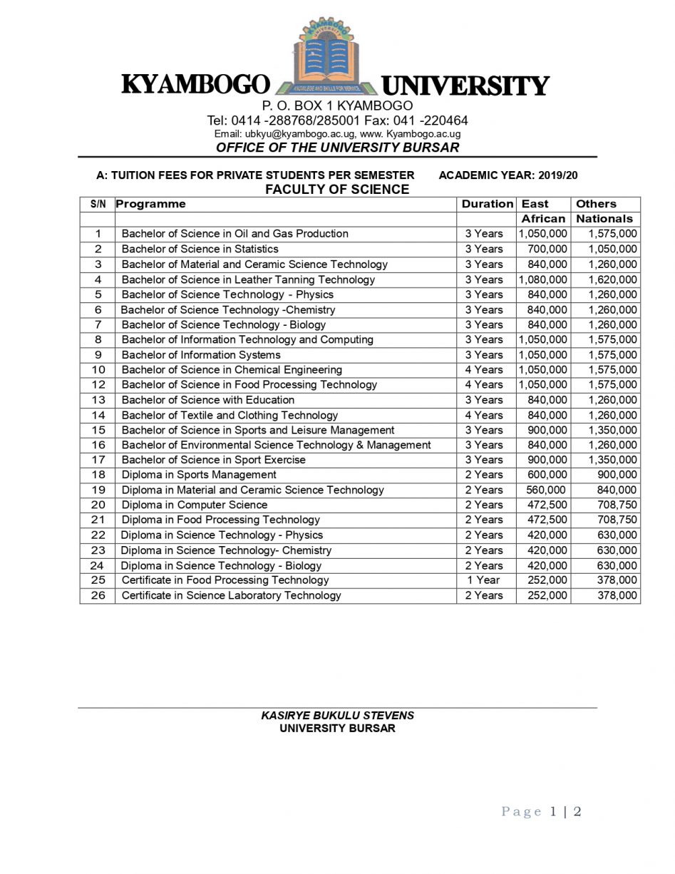 Kyambogo University Fees Structure for Undergraduate Courses for
