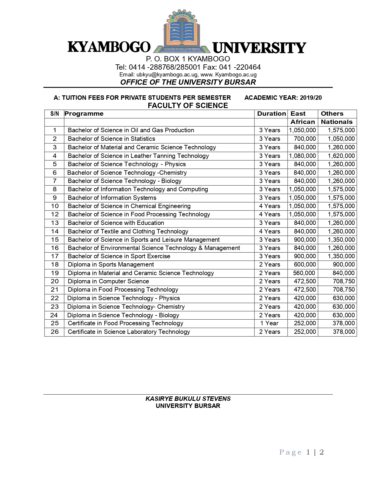 Kyambogo University Fees Structure ( Revised ) 2021 2022 2021/2022