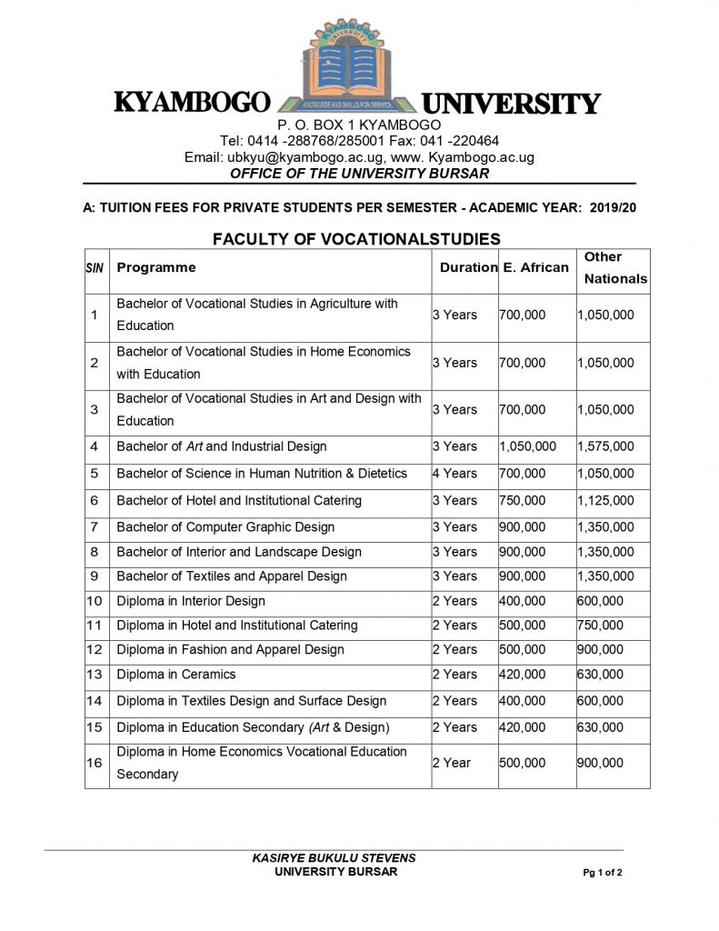 Kyambogo University Fees Structure for Undergraduate Courses for