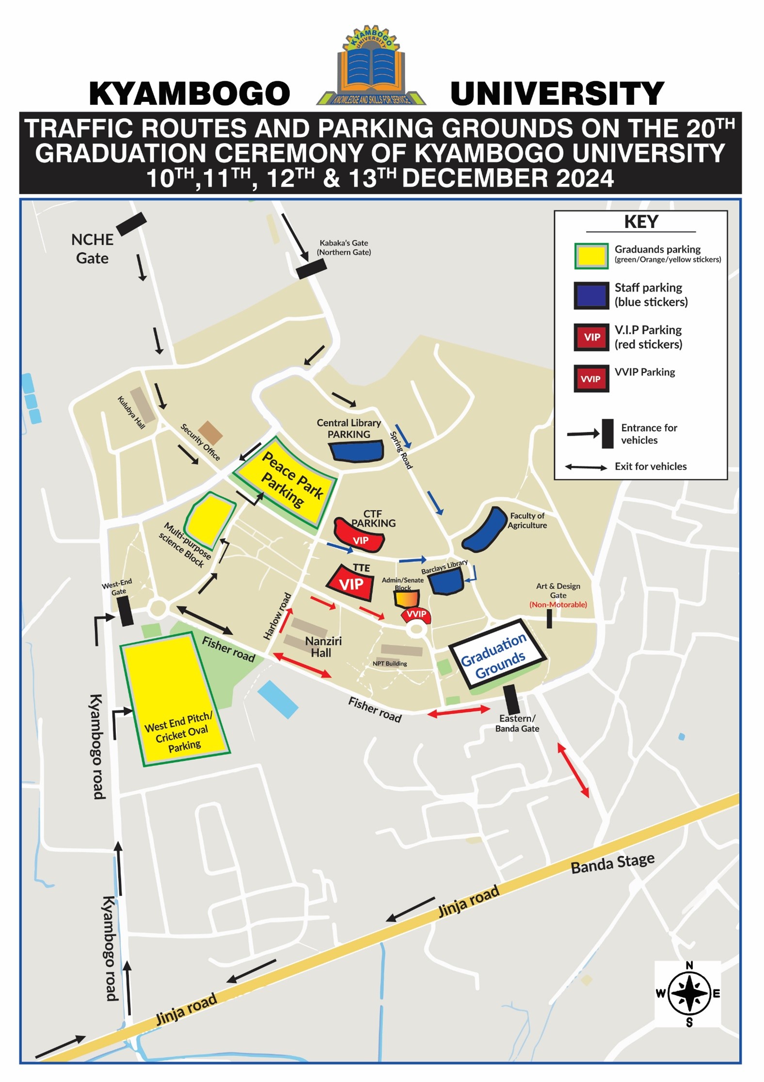 Traffic Routes and Parking Grounds on the 20th Graduation Ceremony of Kyambogo University, 10th, 11th, 12th & 13th December 2024.
