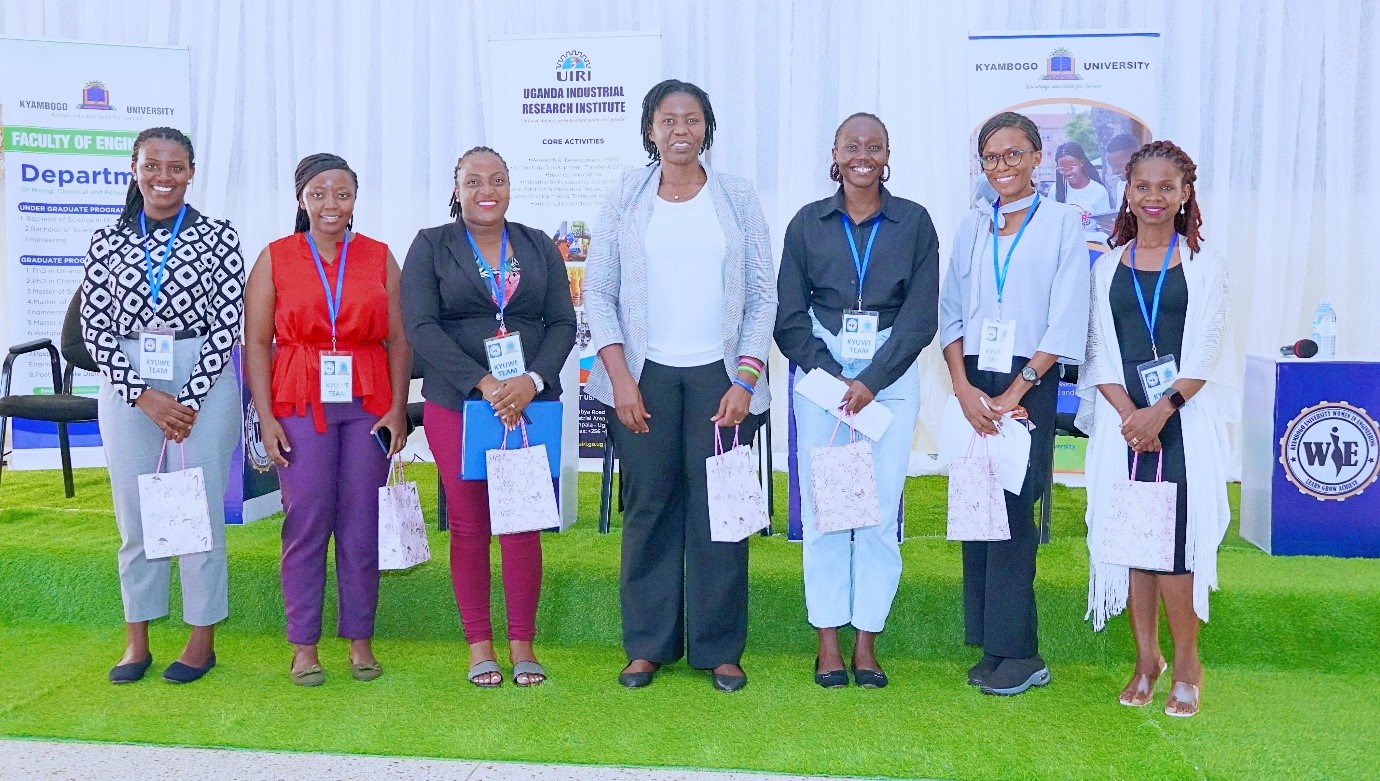 Ms. Monica Kiconco (BEng: Civil & Building Engineering Year 4), Grace Kevin Namatende (BEng: Mechanical & Manufacturing Engineering Year 4), Surprise Rukundoye (BEng: Electrical Engineering Year 4), Dr. Catherine Wandera (moderator), Vanita Ruth Madini (Bsc: Chemical & Process Engineering Year 4) Mary Judith Nankabirwa (BEng: In Architecture Year 3), Ms. Karoline Turihamwe (BEng: Mechatronics & Biomedical Engineering Year 3)