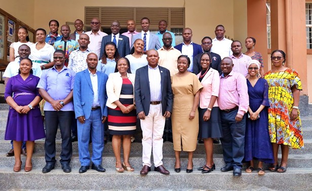 The trainer Mr. Alex Muhwezi (middle) posses for a photo with the AgriFose Hub Leader, Dr. Judith Nagasha, VC representative Eng. Dr. Anne Nakagiri and the participants