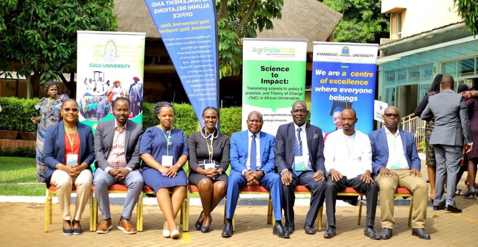 The DVC AA Gulu University, Prof. Davy David Okello Owiny, Dr. Judith Nagasha, the Regional AgriFoSe2030 Hub Leader and Senior Lecturer at Kyambogo University, Prof. Bua Bosco, Director of Research and Graduate Training pose for a photo with international participants.