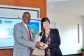 The Vice Chancellor, Prof. Eli Katunguka and the Rector of BOKU, Dr. Eva Schulev-Steindl, exchanging memorabilia after the partnership meeting