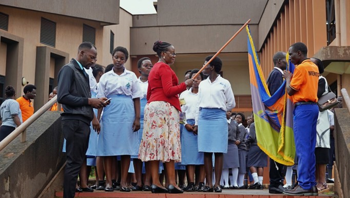 The Director Gender Mainstreaming, Dr. Deborah Nakalyowa-Luggya fagging off the band