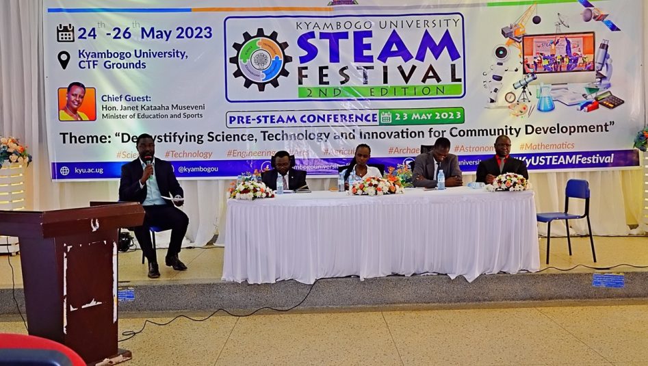 Leaders, researchers, and innovators engage in a panel discussion during the Kyambogo University STEAM Festival, advancing dialogue on science, technology, and innovation for community development.