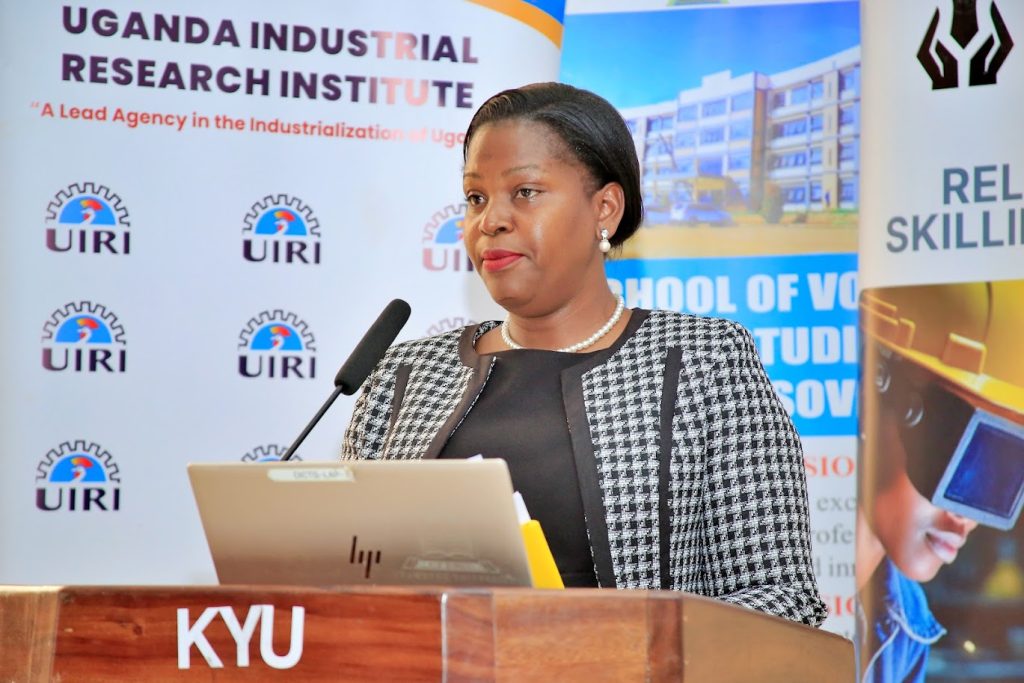 Professor Charles Kwesiga, the Executive Director UIRI, Ms. Margaret Nabukenya, Deputy Executive Director TVET Council, DVC F&A Professor Kwetegyeka, Dean Dr. Rukundo having a tour at the exhibition during the Vocational day