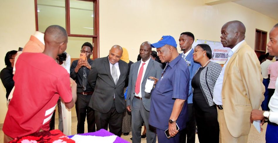 Professor Charles Kwesiga, the Executive Director UIRI, Ms. Margaret Nabukenya, Deputy Executive Director TVET Council, DVC F&A Professor Kwetegyeka, Dean Dr. Rukundo having a tour at the exhibition during the Vocational day