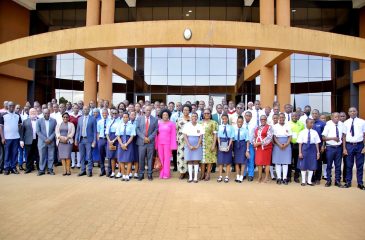 The VC Prof. Eli Katunguka, University Secretary Mr. Arthur Katongole, Dean Arts and Humanities Prof. Elizabeth Kyazike with the Key Note Speaker, Dr. Khanakwa pose for a photo with participants.