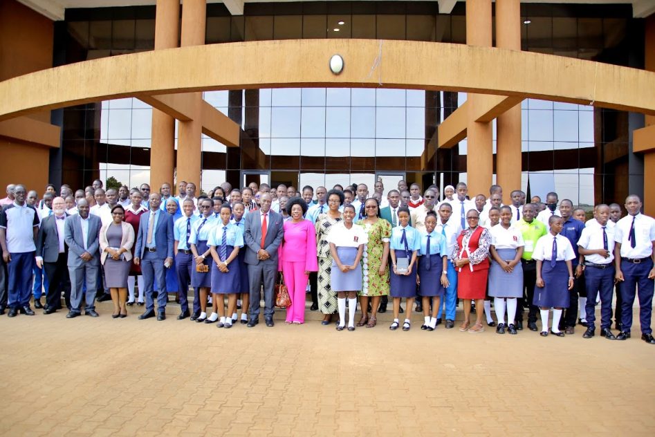 The VC Prof. Eli Katunguka, University Secretary Mr. Arthur Katongole, Dean Arts and Humanities Prof. Elizabeth Kyazike with the Key Note Speaker, Dr. Khanakwa pose for a photo with participants.